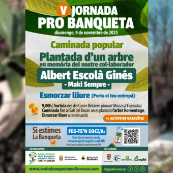 Cartell de la V Jornada Pro Banqueta 2025 a Mollerussa amb caminada popular i plantada d’un arbre en memòria d’Albert Escolà Ginés.