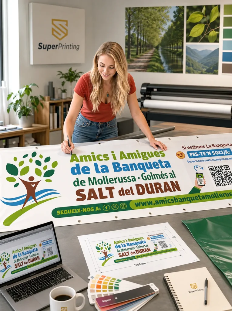 Equip de la impremta online profesional SuperPrinting.es treballant en el projecte solidari dels Amics de la Banqueta de Mollerussa · Golmés al Salt del Duran.